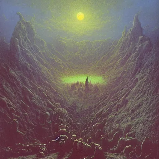 Prompt: a barren hellscape populated by demons, painted by thomas kinkade and zdzisław beksinski