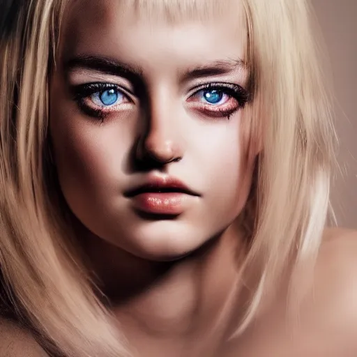 Image similar to A gorgeous blonde, grungy, glowing eyes, modelsociety, radiant skin, huge anime eyes, studio lighting, perfect face, intricate, Sony a7R IV, symmetric balance, polarizing filter, Photolab, Lightroom, 4K, Dolby Vision, Photography Award