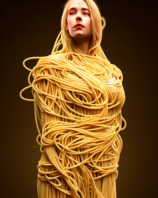 Prompt: statue of a woman, made of spaghetti, fully clothed, spotlight, backlit, diffuse lighting, fantasy, intricate, elegant, highly detailed, lifelike, photorealistic, artstation, illustration, concept art, sharp focus, art by john collier and albert aublet and krenz cushart and artem demura and alphonse mucha