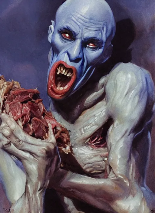 Prompt: upper body portrait of blue-faced nosferatu eating a pile of meat, by dean cornwell, photoreal, character concept art, artstation