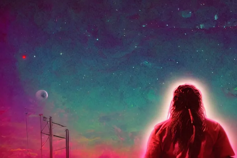 Image similar to photograph of a spiritual native american man looking up at the stars, art, universe, blender, pastel colors, synthwave, retro, cyberpunk,