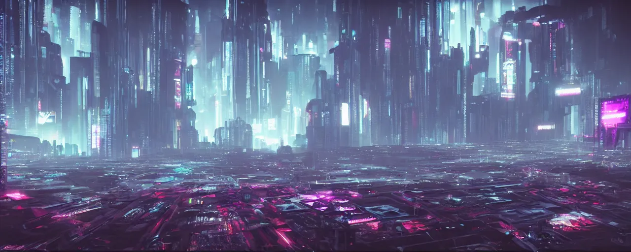 Image similar to Cyberpunk landscape, synth style, realistic, volumetric