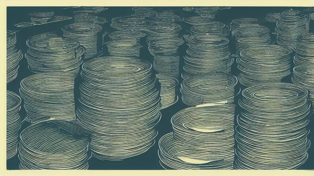 Prompt: stacks of saucepans that were fitting I to each other like russian rolls, while my family gathered around, flat design, screen print by Kawase Hasui and dan hillier, 8k