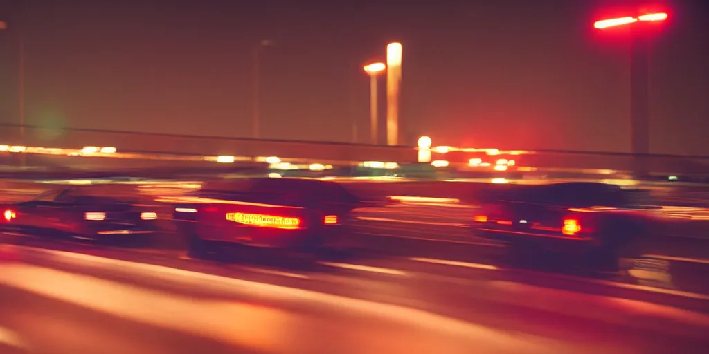 Prompt: 8 0 s neon movie still, high speed car chase on the highway at night with bright city in background, medium format color photography, 8 k resolution, movie directed by kar wai wong, hyperrealistic, photorealistic, high definition, highly detailed, tehnicolor, anamorphic lens, award - winning photography, masterpiece