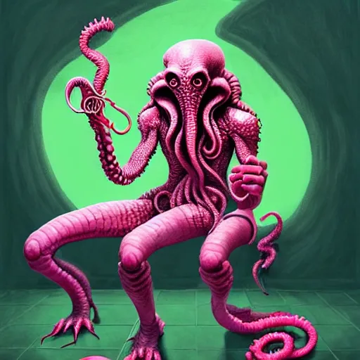 Prompt: humanoid cthulhu is in a pink and girly bathroom, he is sitting on a toilet, he is reading a newspaper. The mood is friendly and welcoming. dungeons and dragons style, highly detailed, digital painting, artstation, concept art, sharp focus, illustration, art by Josh kirby and John romita jr and moebius