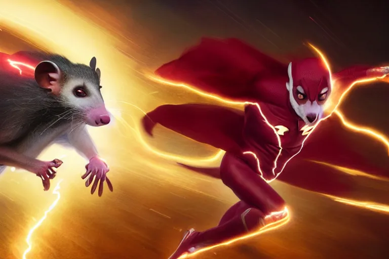 Image similar to a stunning digital painting of a opossum as the flash in spandex costume, running in the speedforce by greg rutkowski, volumetric light, digital art, fine detail, photorealistic