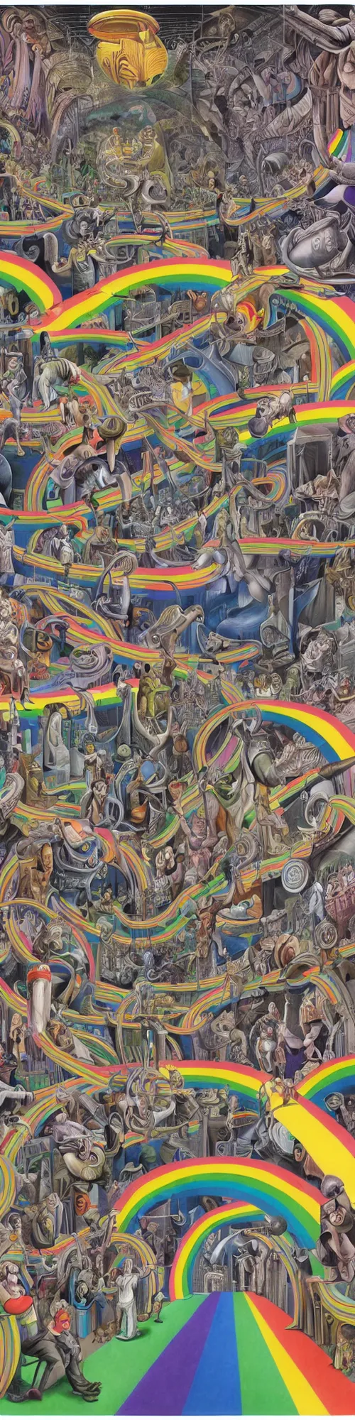 Prompt: epic mural of technological change through history bymarcus akinlana, basil wolverton, mc escher, dali, picasso, hr giger, wheres waldo, vibrant but muted colors, rainbow tubing, cybernetic river of transformation