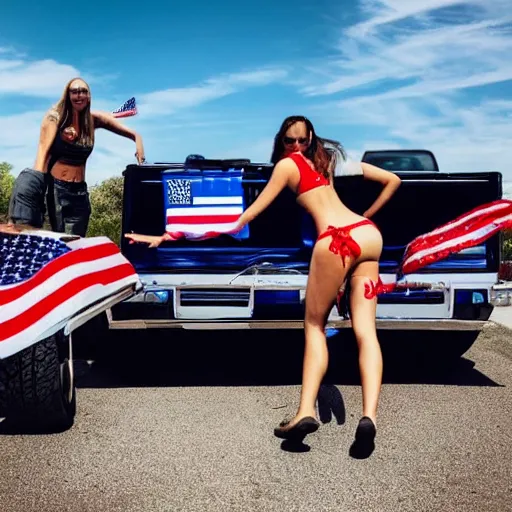 Image similar to photo of woman in the back of a pickup truck wearing bikinis waving the american flag. they are drunk.
