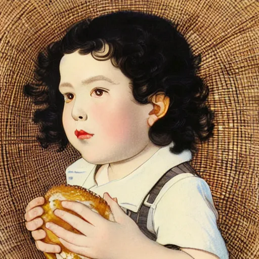 Image similar to a boy with long black curly hair, round face holding a loaf of bread in a basket. By JC Leyendecker. By Yasunari ikenaga .