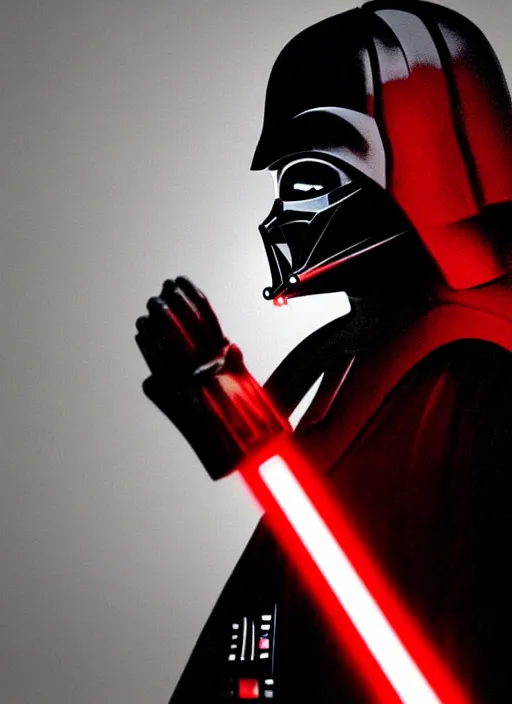 Prompt: photorealistic portrait art of Darth Vader in a black room holding a red lightsaber lighting up half of his face, ambient lighting, dynamic lighting, hyper realistic, concept art, stunning visuals, cinematic