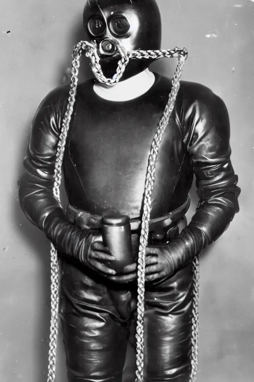 Prompt: a man wearing a classic diving suit mask, world war ii military style, metal chain and black cape, real old photos