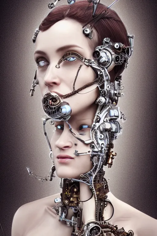 Image similar to profile face portrait of a beautiful female steampunk cyborg, high fashion, capacitors, neon lenses for eyes, mandelbrot fractal, anatomical, white flesh, facial muscles, wires, microchip, veins, arteries, full frame, microscopic, elegant, highly detailed, ornate, rim light, octane render, h. r. giger, and bouguereau