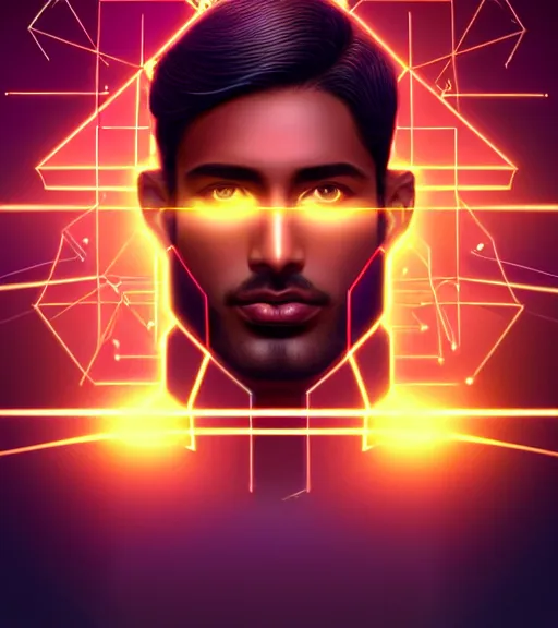 Image similar to symmetry!! indian prince of technology, solid cube of light, hard edges, product render retro - futuristic poster scifi, lasers and neon circuits, brown skin handsome indian prince, intricate, elegant, highly detailed, digital painting, artstation, concept art, smooth, sharp focus, illustration, dreamlike, art by artgerm