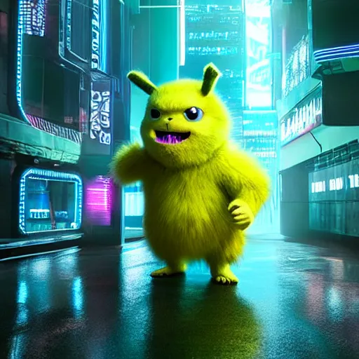 Prompt: high quality 3 d render cyberpunk very tennis ball monster highly detailed, unreal engine cinematic smooth, in the style of blade runner & detective pikachu, basil gogos, chalk, low angle, uhd 8 k, sharp focus, illustrated by basil gogos