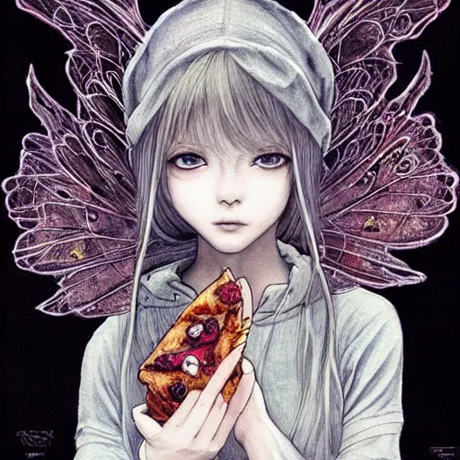 Image similar to a fairy girl, wearing a hoodie and sweatpants, symmetrical wings, wings made of pizza, basic white background, symmetrical, watercolor, pen and ink, intricate line drawings, by Yoshitaka Amano, Ruan Jia, Kentaro Miura, Artgerm, detailed, trending on artstation, hd, masterpiece,