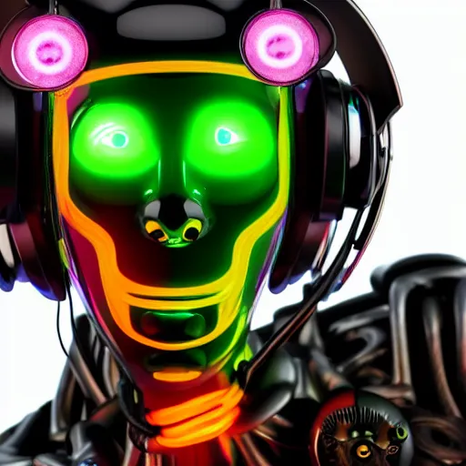 Image similar to a glossy claymodel of a steampunk robot head with glowing headphones, 8 k, symetrical, flourescent colors, halluzinogenic, multicolored, very detailed, black background, 3 d render,