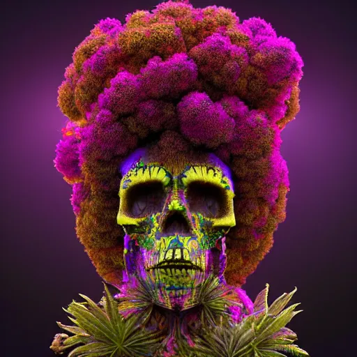 Image similar to a golden skull face african marijuanna shaman with an afro made of flowers, third eye art art by machina infinitum, complexity from simplicity, rendered in octane, mandelbulb 3 d, ambient occlusion, macro photography, felt!!! texture, tribal, neon! retrowave