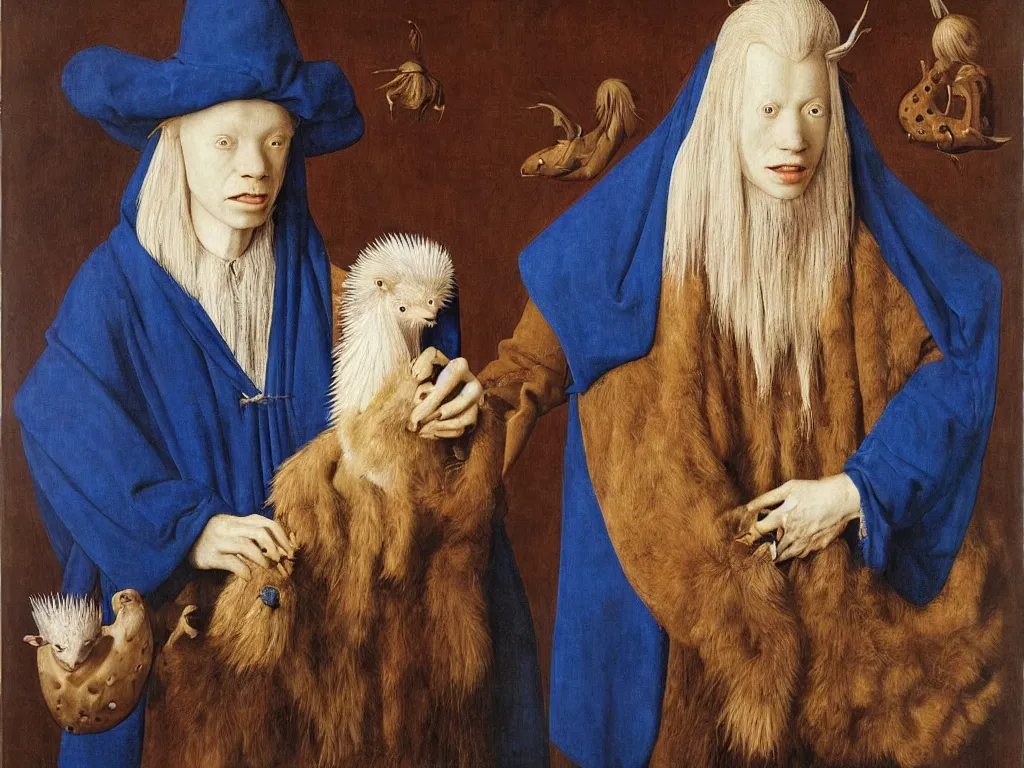 Image similar to Portrait of albino mystic with blue eyes, with exotic beautiful hedgehog. Painting by Jan van Eyck, Audubon, Rene Magritte, Agnes Pelton, Max Ernst, Walton Ford