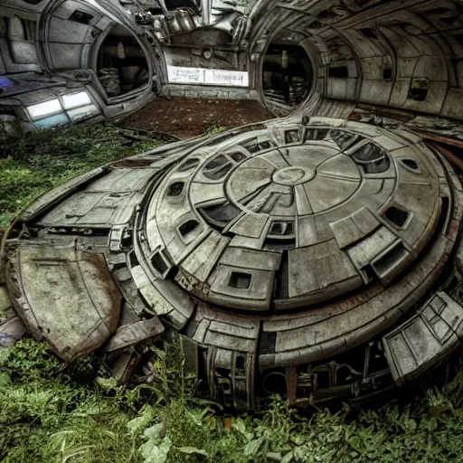 Image similar to overgrown desolate abandoned millenium falcon