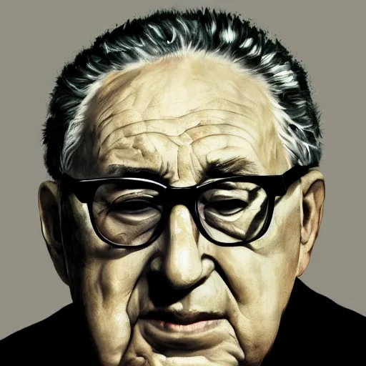 Image similar to a portrait of henry kissinger, hyper realistic, octane render, masterpiece portrait painting. dark, moody, black oil drips from his mouth and eyes, abstract brush strokes, inner glow.