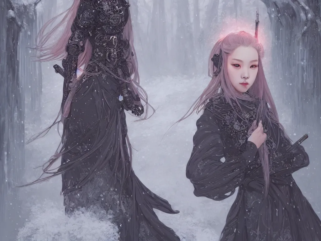 Image similar to portrait jisoo blackpink, grey hair armored samurai clothes, in torii black magic snowy night, ssci - fi and fantasy, intricate and very very beautiful and elegant, digital painting, artstation, concept art, smooth, illustration, art by tian zi and wlop and alphonse mucha