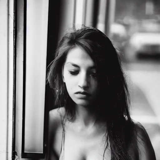 Image similar to black and white fashion photograph highly detailed portrait of a depressed beautiful 30 years old model woman standing by the window, natural light, rain, mist, lomo, fashion photography, film grain, soft vignette, sigma 85mm f/1.4 1/10 sec shutter