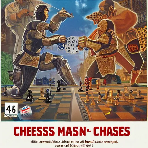 Prompt: video game box art of a commodore 6 4 game called chess ai vs man : kasparov's last stand, 4 k, highly detailed cover art.