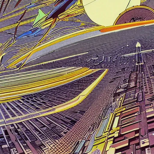 Image similar to A bird's-eye view futurism by jean giraud detailed illustration