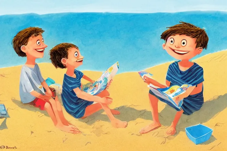 Prompt: Two happy children sitting on the beach making sandcastles, blue sky, HD, comic book, illustration by Benji Davies