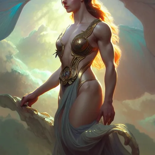 Prompt: beautiful female aasimar, muscular upper body, D&D, fantasy, intricate, elegant, highly detailed, digital painting, artstation, concept art, smooth, sharp focus, illustration, art by artgerm and greg rutkowski and alphonse mucha