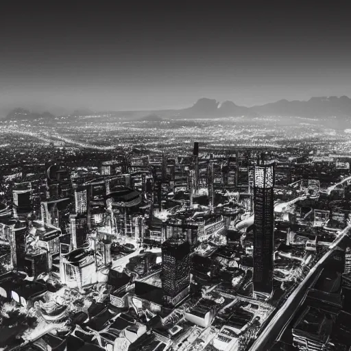 Prompt: a black and white photo of a utopian city