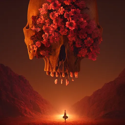 Image similar to beautiful dark landscape, giant skull with beautiful flowers growing in the style of beeple and Mike Winkelmann, intricate, epic lighting, cinimatic composition, hyperrealistic, 8k resolution,