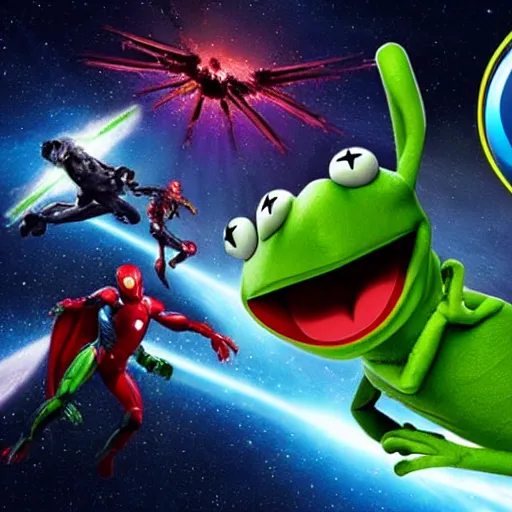 Image similar to the avengers battle one kermit the frog in space, galaxy, hd, 8 k, explosions, gunfire, lasers, giant, epic, showdown, colorful, realistic photo, unreal engine, stars, prophecy, epic oil painting, powerful, diffused lighting, destroyed planet, debris, justice league, movie poster, violent, sinister