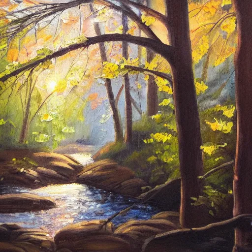 Image similar to an emotional painting of a morning in the woods by a creek with sun shining through the trees, oil painting