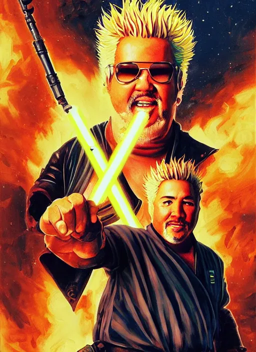 Image similar to epic cinematic poster artwork for featuring portraits for lost star wars film featuring portrait of guy fieri, moody painting by drew struzan, beautiful backlit, colorful, iconic composition, epic award winning, artstation, extremely detailed, flare, photorealistic, 4 k