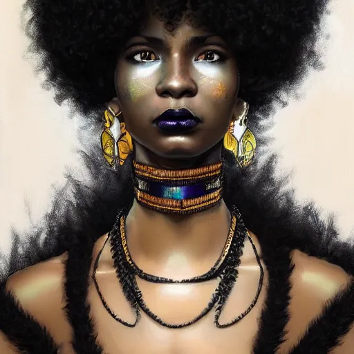 Prompt: ultra realistic illustration, portrait a mixed woman, with black afro, with black lipstick, with a spikey choker around neck, intricate, elegant, highly detailed, digital painting, artstation, concept art, smooth, sharp focus, illustration, art by artgerm and greg rutkowski and alphonse mucha h 1 0 2 4