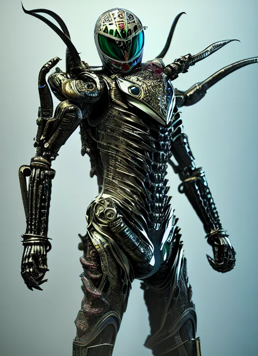 Image similar to kamen rider, intricate detail, royo, whealan, giger, klimt, hd, octane render, unreal engine,