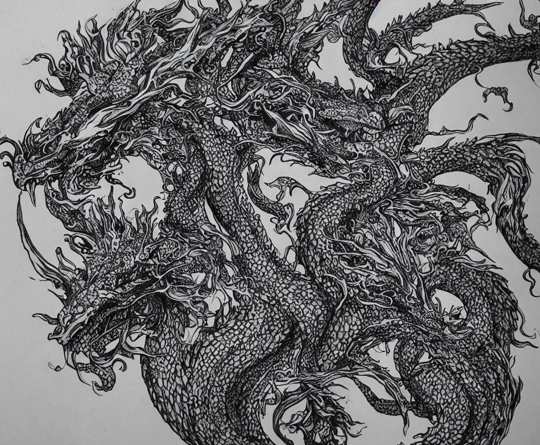 Prompt: an intricately detailed dragon, made from tiny swirls of ink