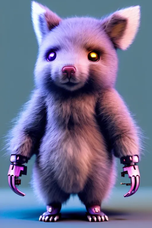 Image similar to high quality 3 d render post - cyberpunk very cute fluffy! wombat!! cyborg, mechanical paw, highly detailed, unreal engine cinematic smooth, in the style of detective pikachu, hannah yata charlie immer, neon purple light, low angle, uhd 8 k, sharp focus