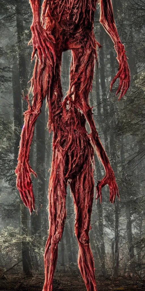 Image similar to photorealistic ultra detailed tall skinny humanoid creature with decomposed skin with fur and blood dripping, the woods, night, extremly detailed, 8 k, realistic, sharp focus, cosmic horror creature, cosmic horror, from the movie the thing, mysterious creature, bloody eyes