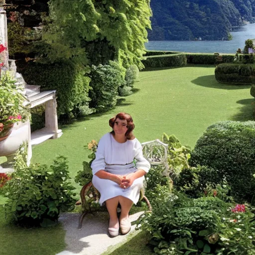 Prompt: lady annabelle sits in the garden of her villa at lake como. slr photo.