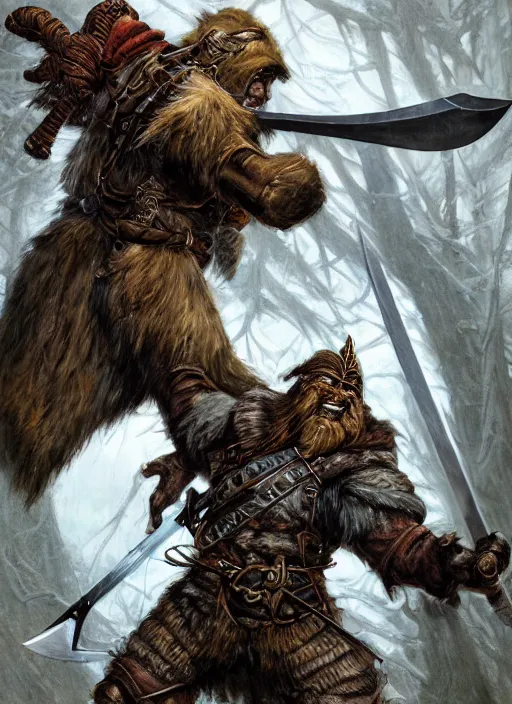 Image similar to strong young man, photorealistic bugbear ranger holding aflaming sword, black beard, dungeons and dragons, pathfinder, roleplaying game art, hunters gear, jeweled ornate leather and steel armour, concept art, character design on white background, by alan lee, norman rockwell, makoto shinkai, kim jung giu, poster art, game art