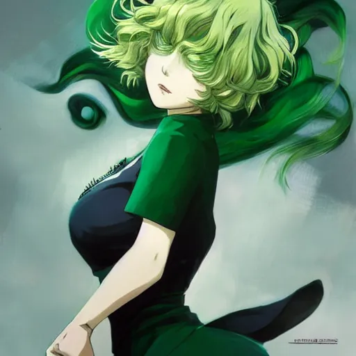 Image similar to painting of tatsumaki from one punch man, green hair, black dress, cool color palette, refreshing, soft lighting, detailed face, realistic shading, by cushart krenz, by makoto shinkai