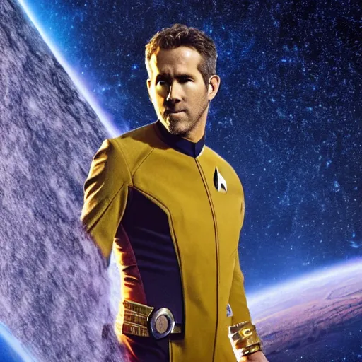 Image similar to Ryan Reynolds in Star Trek, highly detailed, high quality, HD, 4k, 8k, Canon 300mm, professional photographer, 40mp, lifelike, top-rated, award winning, realistic, sharp, no blur, edited, corrected, trending