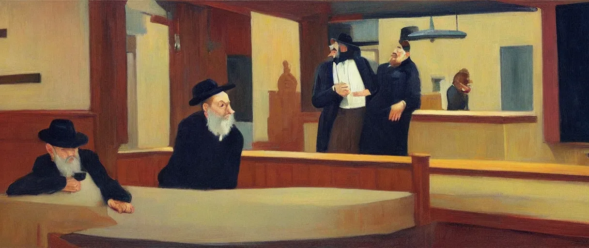 Image similar to a rabbi priest and minister walk into a bar, in the style of an awesome edward hopper painting