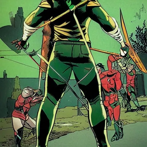 Image similar to The Green Arrow action pose, view from behind looking over shoulder, drawing an arrow from his quiver, comic book cover style