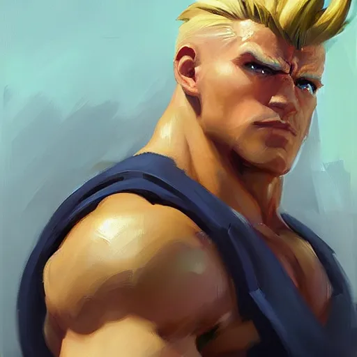 Image similar to greg manchess portrait painting of guile from street fighter as overwatch character, medium shot, asymmetrical, profile picture, organic painting, sunny day, matte painting, bold shapes, hard edges, street art, trending on artstation, by huang guangjian and gil elvgren and ross tran