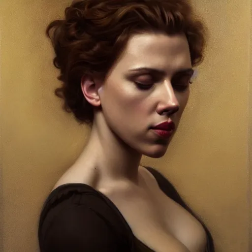 Image similar to highly detailed oil painting | very intricate | cinematic lighting | award - winning | portrait of scarlett johansson | by roberto ferri, by tom bagshaw, by j. c. leyendecker and klimt, american romanticism, by austin osman spare, artstation, cgsociety, official art, octane