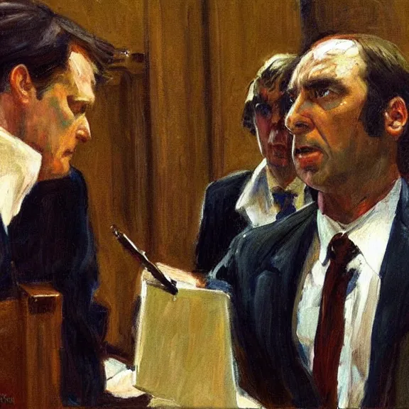 Image similar to saul goodman defending a case in court, painting by dean cornwell