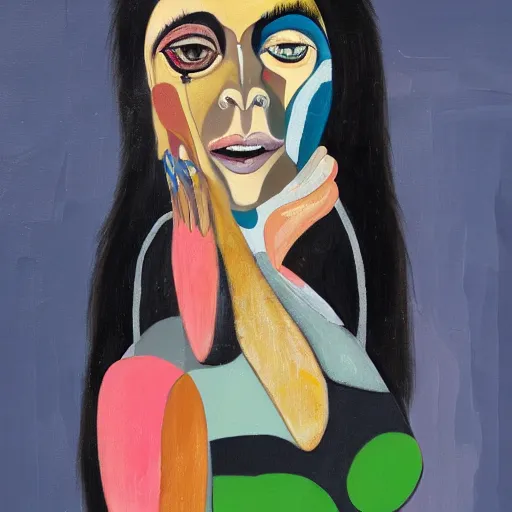 Image similar to grotesque portrait of kim kardashian painted by george condo, intricate, abstract, dark, highly detailed, oil on canvas, terrifying, brilliantly colored, 8 k